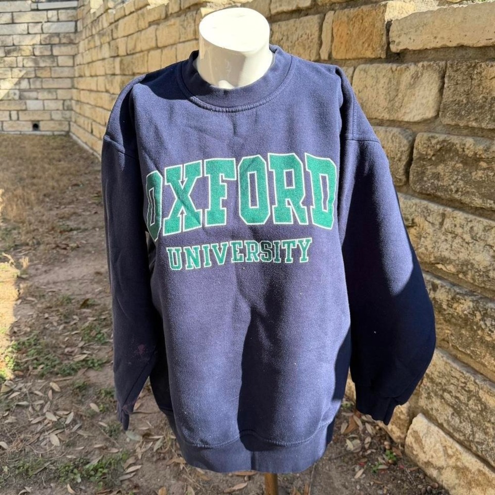 Vintage 90s Oxford University Spellout Crewneck Sweatshirt Navy Blue Ivy League